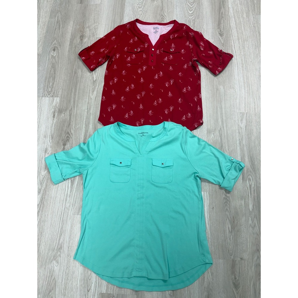 Croft & Barrow Womens XL Cotton Knit Tops Lot 2 Red Sailboat Aqua Mint Green